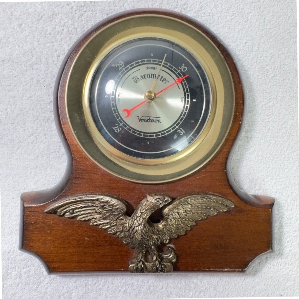 Verichron Vintage Wall Barometer Wood Brass Eagle 22-018 MCM Weather Station